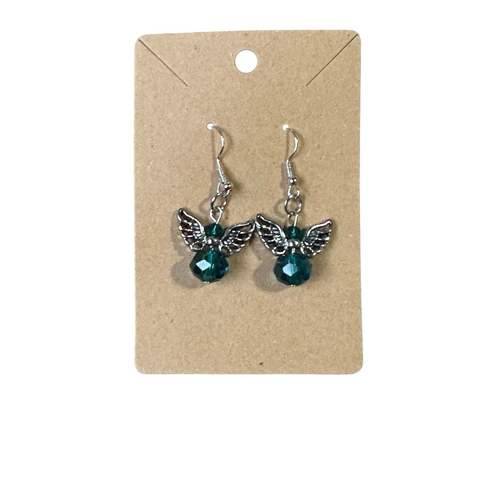 Handmade‎ Teal Crystal Angel Wing Drop Earrings Silver Tone Celestial Jewelry